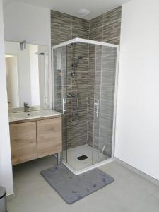 a bathroom with a shower and a sink at Appartement neuf, calme et ensoleillé in Cabourg