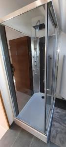 a glass shower stall in a bathroom with at Le Mermoz in Montoire-sur-le-Loir