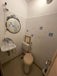a bathroom with a toilet and a sink and a mirror at Bonne Chance Apartment Sozopol in Sozopol +12 photos