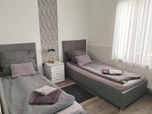 a bedroom with two beds and a window at Villa Alex in Siófok