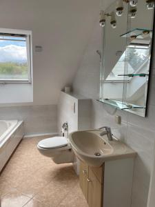 a bathroom with a toilet and a sink and a mirror at Eastside-Apartment WHG 01 in Senftenberg