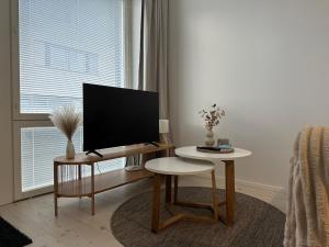a living room with a flat screen tv on a table at Pramea Apartments Aallonharja 5 in Jyväskylä +6 photos
