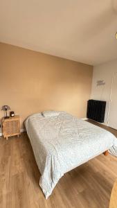 a bedroom with a bed and a wooden floor at Madeleine - Studio Charmant in Orléans