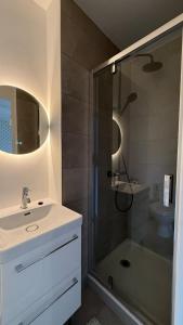 a bathroom with a shower and a sink and a toilet at Madeleine - Studio Charmant in Orléans