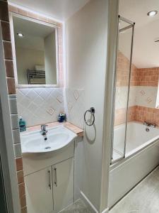 a bathroom with a sink and a shower and a tub at Foundry Cottage in Portland