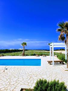 a blue swimming pool with palm trees and a blue sky at Villa Melody Novalja in Novalja