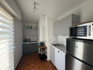 eine kleine Küche mit Kühlschrank und Mikrowelle in der Unterkunft Le GINGKO ZEN EPINAL in Épinal