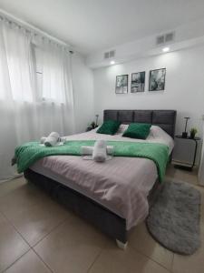a bedroom with a large bed with a green blanket at Studio Jovana Stan na dan Kikinda in Kikinda +4 photos