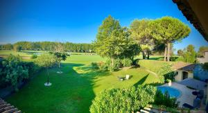 an overhead view of the yard of a house with a swimming pool at Villa-Provence-Pont-Royal in Mallemort