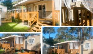 a collage of pictures of a house with a deck at Mobil Home cosy à Contis Proche plage et nature in Saint-Julien-en-Born