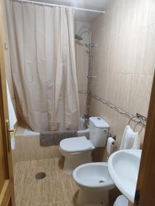 a bathroom with a toilet and a sink and a shower at Apartamento Turístico La Clase in La Zubia
