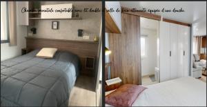 two pictures of a bedroom with a bed and a living room at Mobil Home cosy à Contis Proche plage et nature in Saint-Julien-en-Born +14 photos