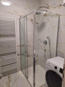 eine Dusche in einem Badezimmer mit einer Waschmaschine in der Unterkunft Apartment24 in Široki Brijeg