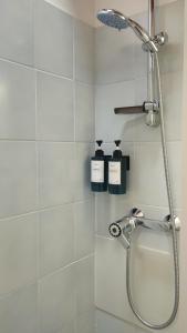 a bathroom with a shower with two soap bottles at Mansarda al mare in Pertegada