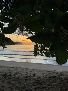 a view of a beach with a sunset in the background at Apartamento com vista pro mar no Centro de Ubatuba - com estacionamento 2 quartos e cozinha completa in Ubatuba +32 photos