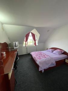 ein Schlafzimmer mit Bett, Schreibtisch und Fenster in der Unterkunft Pensiunea Lotus Baile 1 Mai in Baile Unu Mai
