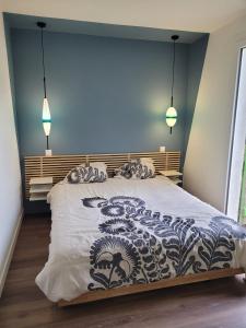 een slaapkamer met een groot bed met blauwe muren bij Oacys in Le Barcarès +12 foto's