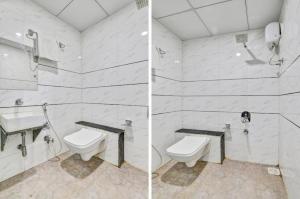 two pictures of a bathroom with a toilet and a sink at Hotel Unicorn, Surat in Surat +10 photos