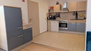 a large kitchen with gray cabinets and appliances at Zentrumsnahe, ruhige Souterrainwohnung AlBaggers in Dinkelsbühl