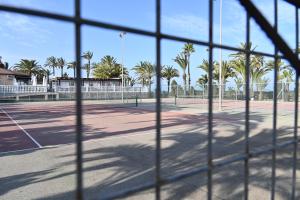 Los UrrutiasにあるVilla La Mariposaのヤシの木のフェンス越しに見えるテニスコート