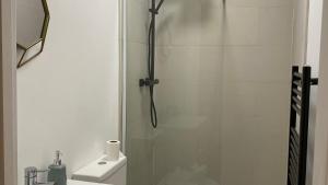a bathroom with a shower with a toilet and a sink at De Parys Flat 1 in Bedford in Bedford +8 photos