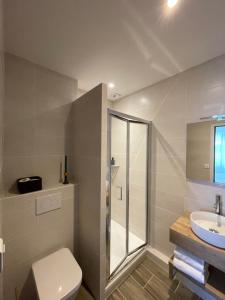a bathroom with a toilet and a sink at Hôtel de la Marine in Saint-Herblain
