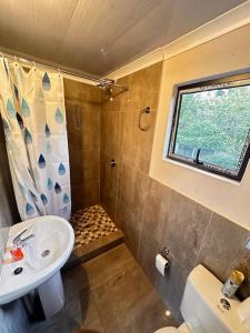 a small bathroom with a sink and a shower at K-Lodge in Pietermaritzburg +28 photos