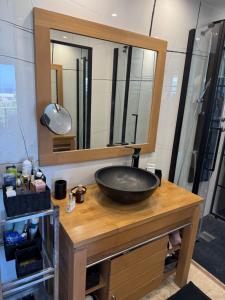 a bathroom with a sink and a mirror at PIEDS DANS l EAU A SANT AMBROGGIO in Lumio +10 photos