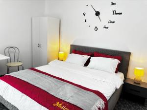 a bedroom with a large bed with a clock on the wall at Muller Residence in Timişoara