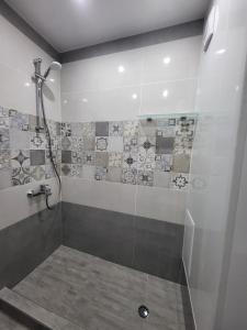 a shower with a glass door in a bathroom at Darena apart in Stara Zagora +10 photos