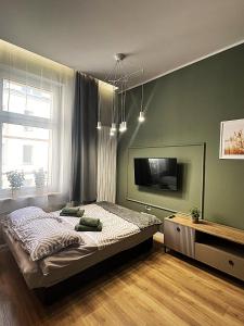 una camera da letto con un letto e una TV a schermo piatto di GREEN Apartment 2 a Poznań