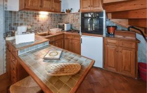 a kitchen with wooden cabinets and a counter top at Lovely Home In Moustiers-Sainte-Marie in Moustiers-Sainte-Marie