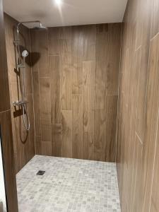 a bathroom with a shower with wooden walls and a tile floor at Appartement de standing T3 - Lina in Hésingue