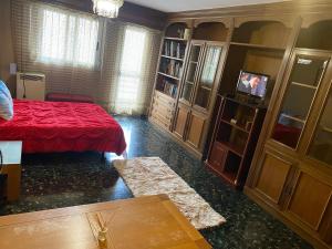 - un salon avec un lit rouge et une télévision dans l'établissement Habitación central en piso compartido en valencia, à Valence