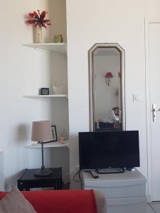 ein Wohnzimmer mit einem TV und einem Spiegel in der Unterkunft Studio in Trégastel