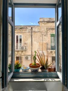 una ventana abierta con macetas en el alféizar de la ventana en Vittorio Veneto by Bed&Bros, en Siracusa