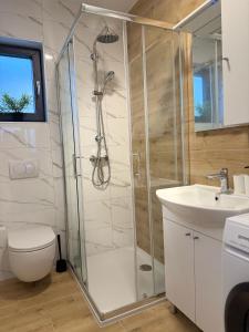 een badkamer met een douche, een toilet en een wastafel bij Puntadura Oasis in Vir +18 foto's