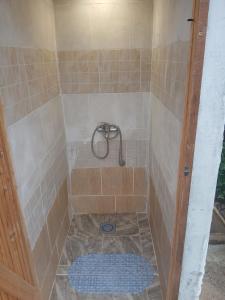 a bathroom with a shower with a blue rug at Ethno Cottage Momo Tepca in Žabljak +31 photos