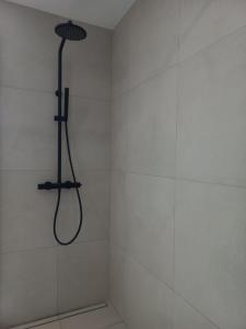 a shower with a shower head in a white bathroom at Casa Tin Tin in Moncarapacho