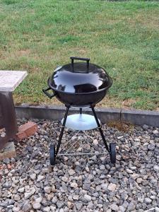 a black cat sitting on a bbq grill at Brīvdienu lauku māja in Garkalne