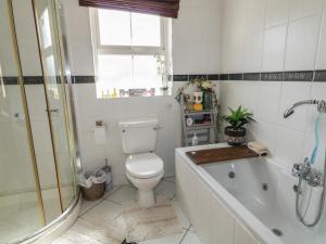a bathroom with a toilet and a tub and a window at Donagh Cross Town House in Carndonagh +27 photos
