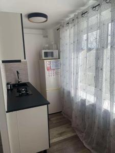 eine Küche mit Spüle und Duschvorhang in der Unterkunft VPhouseVP in Sillamäe