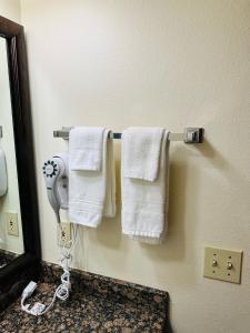 two towels are hanging on a towel rack in a bathroom at AmericInn by Wyndham Grundy Center in Grundy Center