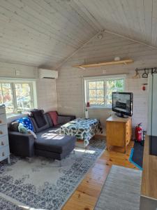 a living room with a couch and a tv at Newly built house at central location in Strängnäs in Strängnäs
