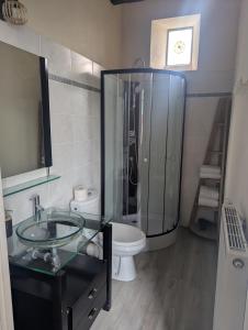 ベレームにあるStudio centre villeのバスルーム(ガラス張りのシャワー、トイレ付) +8枚の写真