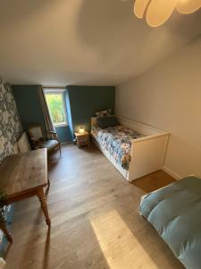 a bedroom with a bed and a desk in a room at Maison l'or du temps gite Les Vignes in La Boissière-de-Montaigu
