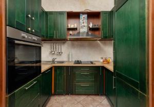 a green kitchen with green cabinets and a black appliance at Branka R in Strp