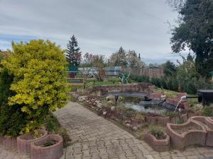a garden with a pond and flowers and a tree at Ferienwohnung Harz in Ballenstedt in Ballenstedt