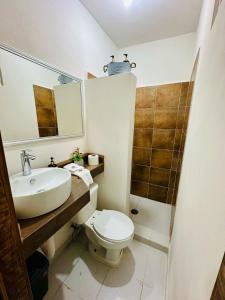 ZimapánにあるHotel Bugambiliaのトイレ、洗面台、鏡のあるバスルーム +25枚の写真