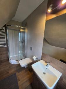 a bathroom with a sink and a shower at U Suchowiana - cisza i spokój z widokiem na Tatry in Zakopane +73 photos